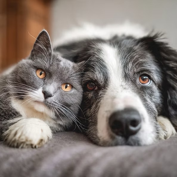 Cat and dog cuddling