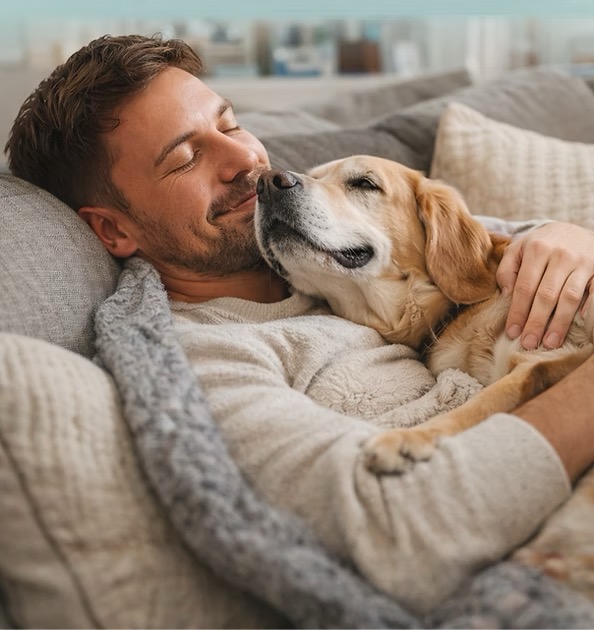 Pet parent with golden retriever